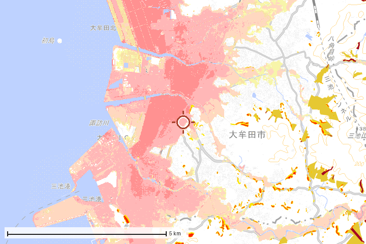 大牟田市周辺のハザード重ね図