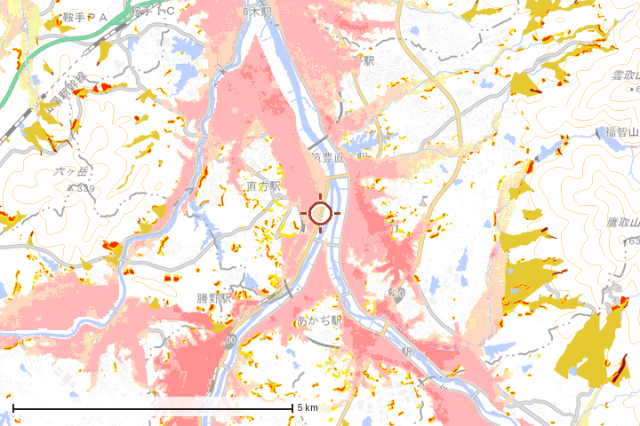 直方市周辺のハザード重ね図