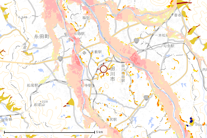 田川市周辺のハザード重ね図