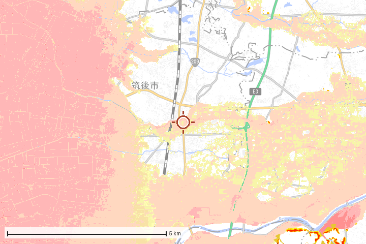 筑後市周辺のハザード重ね図