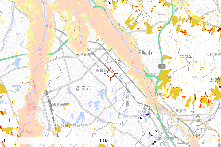 春日市周辺のハザード重ね図