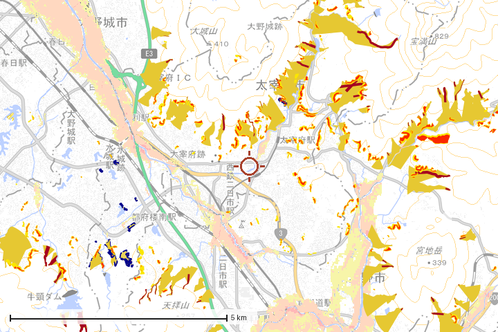 太宰府市周辺のハザード重ね図