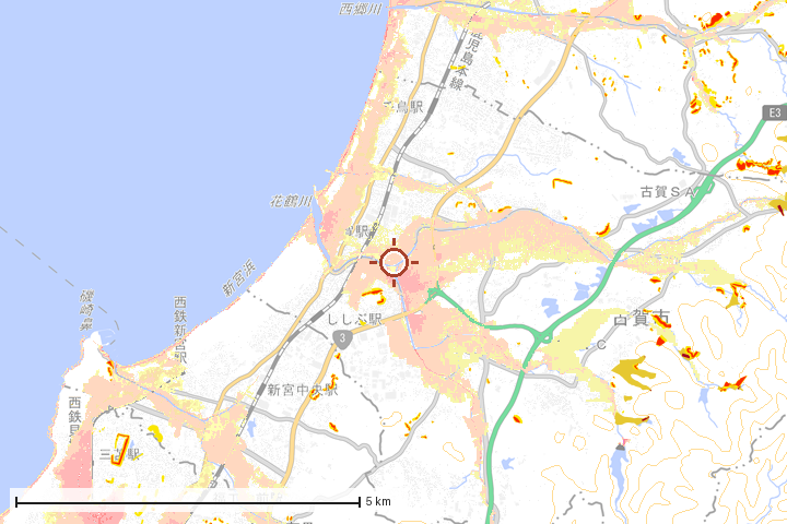 古賀市周辺のハザード重ね図
