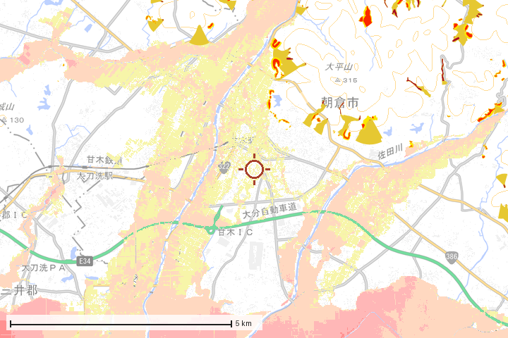 朝倉市周辺のハザード重ね図