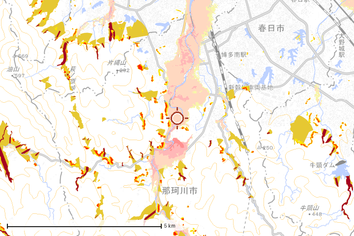 那珂川市周辺のハザード重ね図