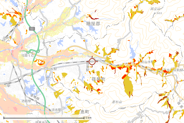 篠栗町周辺のハザード重ね図
