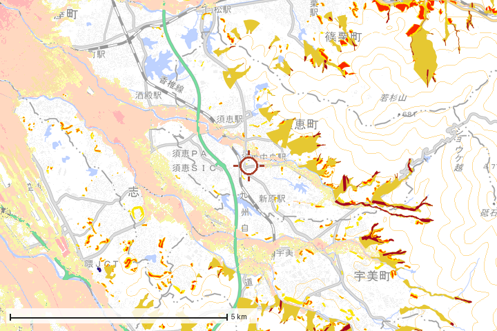 須恵町周辺のハザード重ね図