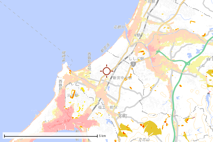 新宮町周辺のハザード重ね図