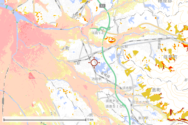 粕屋町周辺のハザード重ね図
