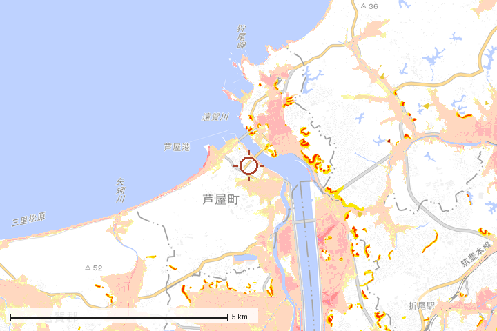芦屋町周辺のハザード重ね図