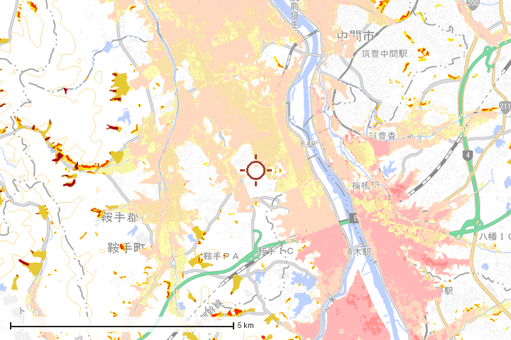 鞍手町周辺のハザード重ね図