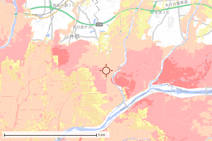 大刀洗町周辺のハザード重ね図