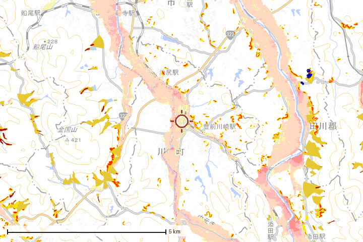 川崎町周辺のハザード重ね図