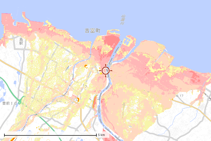 吉富町周辺のハザード重ね図