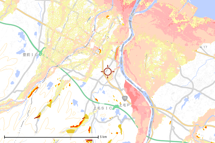 上毛町周辺のハザード重ね図