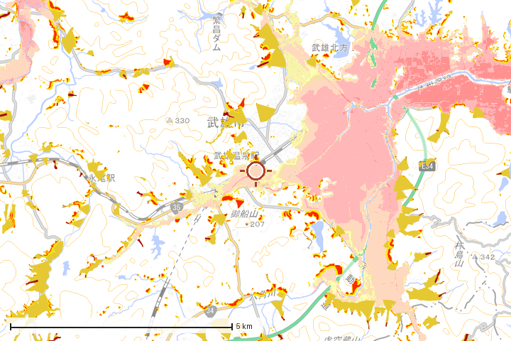 武雄市周辺のハザード重ね図
