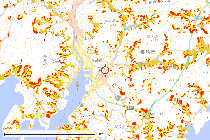 長崎市周辺のハザード重ね図