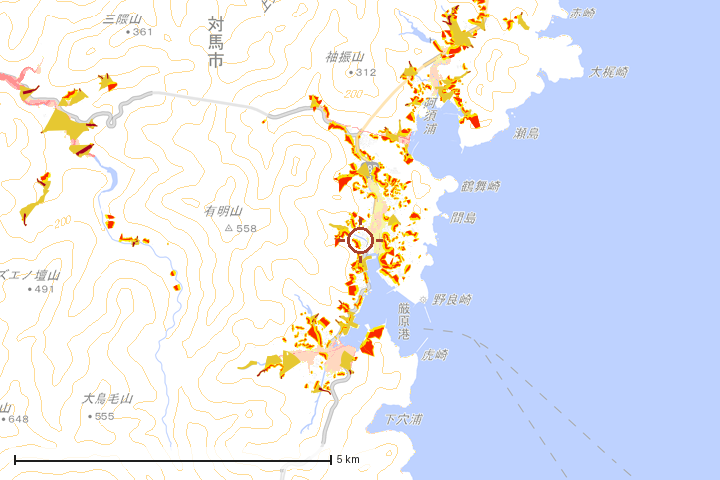 対馬市周辺のハザード重ね図