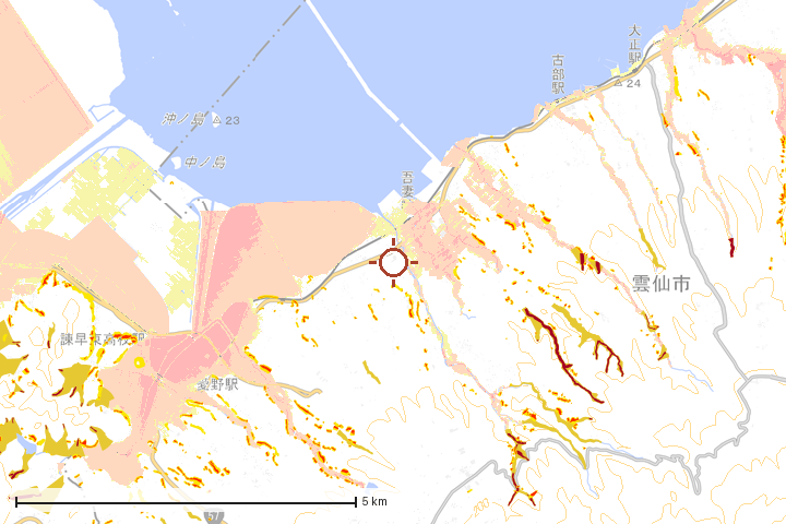 雲仙市周辺のハザード重ね図