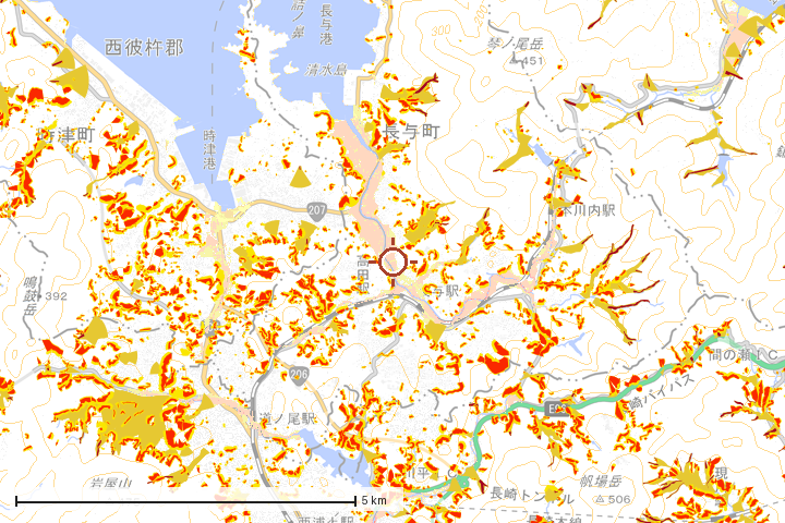 長与町周辺のハザード重ね図