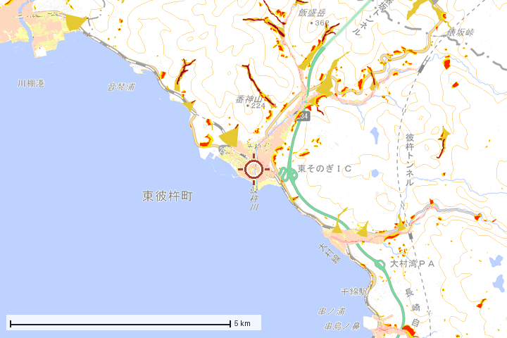 東彼杵町周辺のハザード重ね図