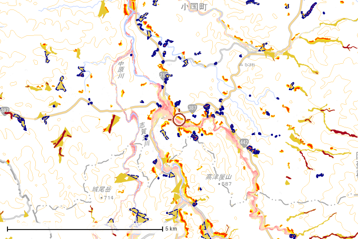 小国町周辺のハザード重ね図