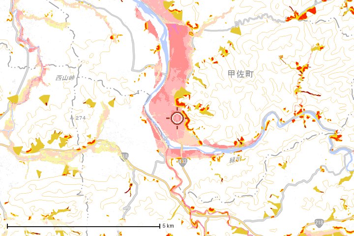 甲佐町周辺のハザード重ね図