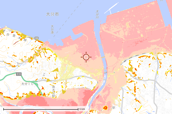 大分市周辺のハザード重ね図