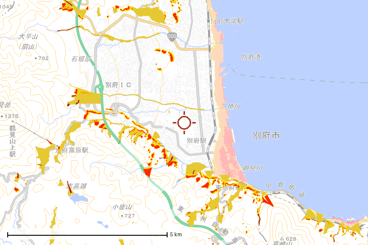 別府市周辺のハザード重ね図