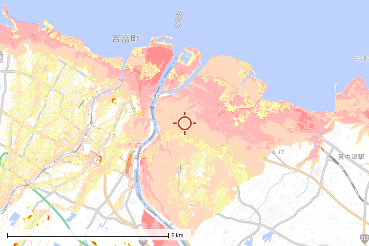 中津市周辺のハザード重ね図