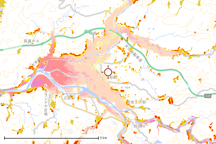 日田市周辺のハザード重ね図
