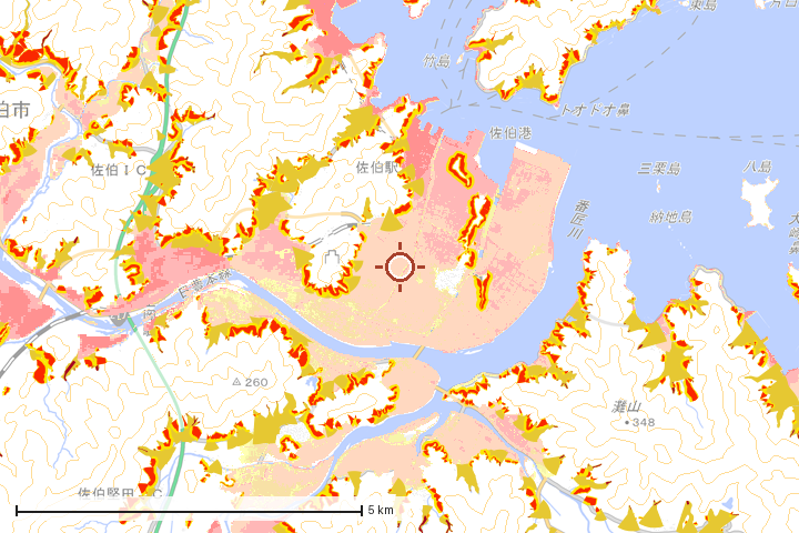 佐伯市周辺のハザード重ね図