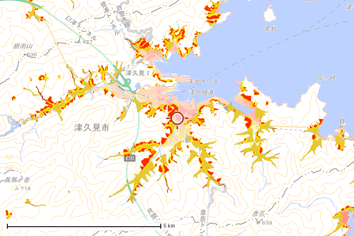 津久見市周辺のハザード重ね図