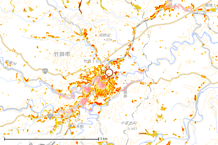 竹田市周辺のハザード重ね図