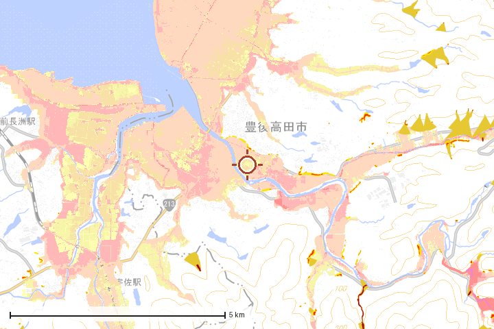 豊後高田市周辺のハザード重ね図