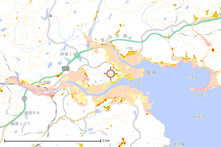 杵築市周辺のハザード重ね図
