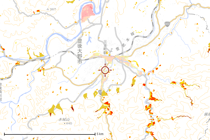 豊後大野市周辺のハザード重ね図