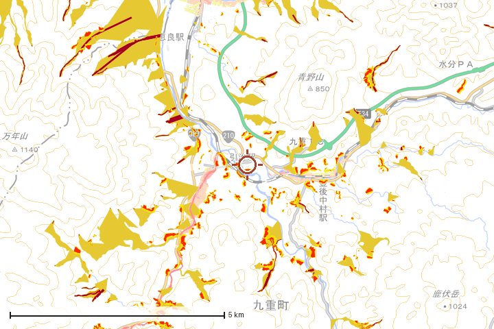 九重町周辺のハザード重ね図