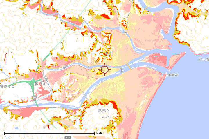 延岡市周辺のハザード重ね図