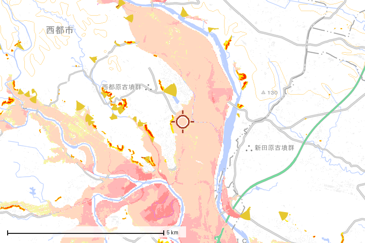 西都市周辺のハザード重ね図