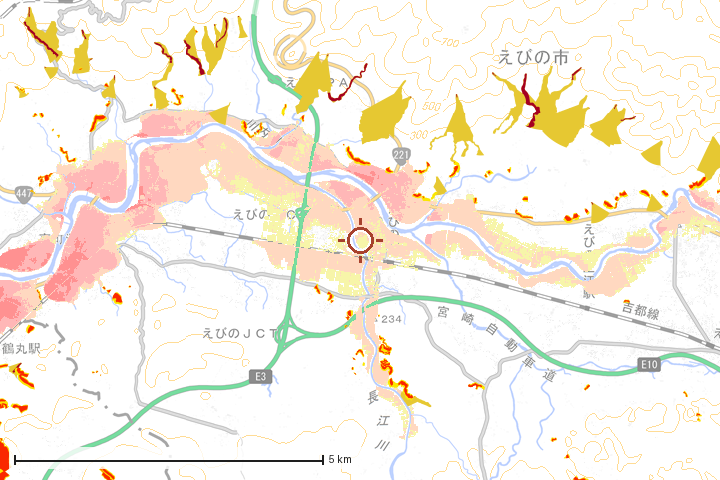 えびの市周辺のハザード重ね図