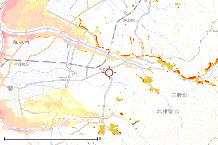 三股町周辺のハザード重ね図