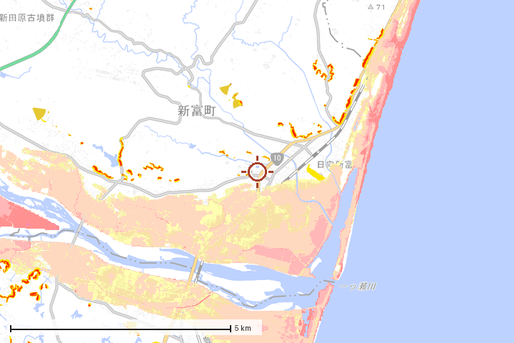 新富町周辺のハザード重ね図