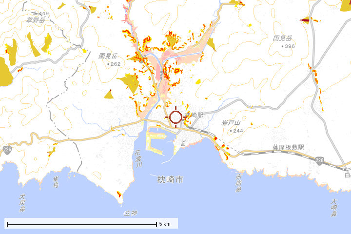 枕崎市周辺のハザード重ね図