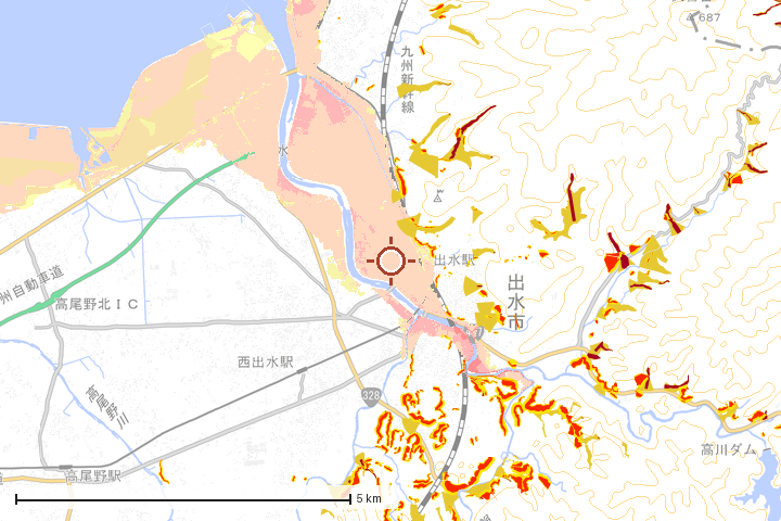 出水市周辺のハザード重ね図