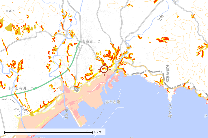 志布志市周辺のハザード重ね図