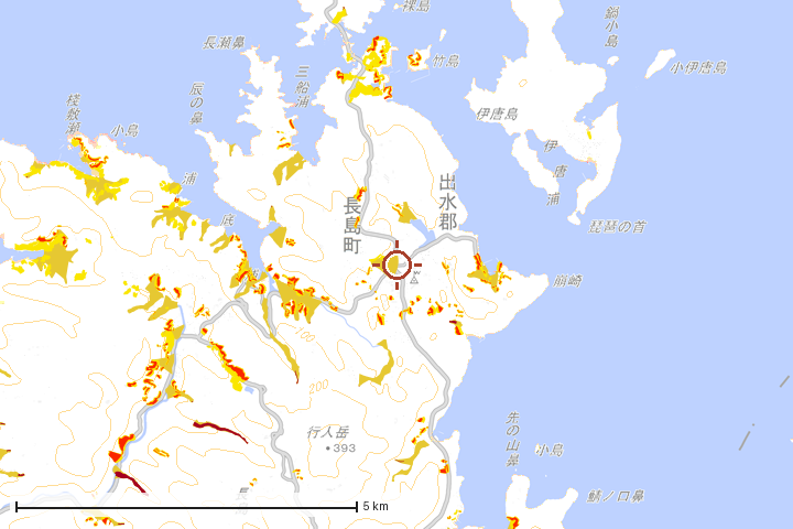 長島町周辺のハザード重ね図