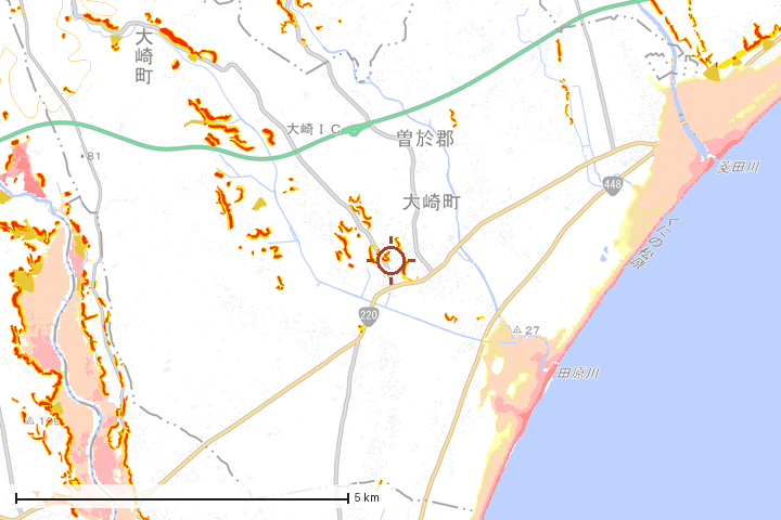 大崎町周辺のハザード重ね図