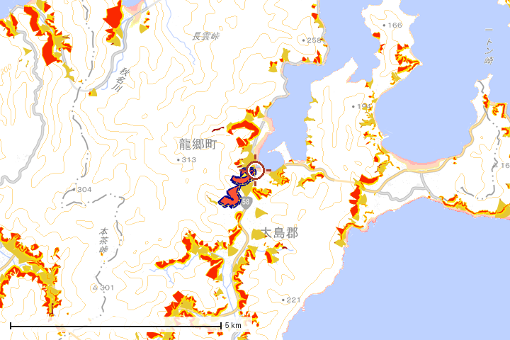 龍郷町周辺のハザード重ね図