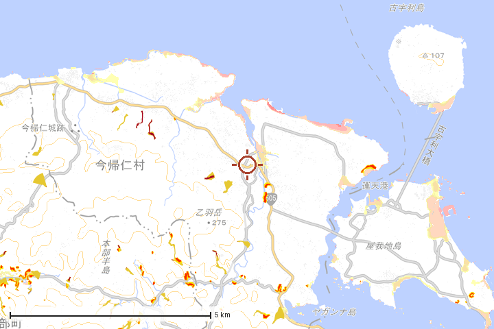 今帰仁村周辺のハザード重ね図